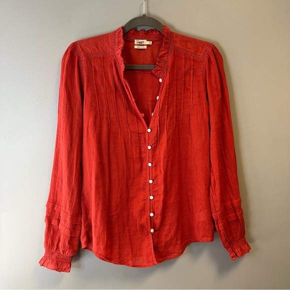 Faherty Blouse Willa Top - Carmine Warm Orange Pleated Peasant Sz S EUC - Picture 4 of 10
